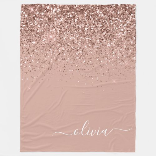 Rose Gold Blush Pink Glitter Script Monogram Fleece Blanket