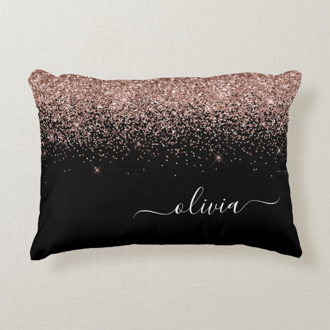 Rose Gold Blush Pink Glitter Script Monogram Girly Accent Pillow (Front)
