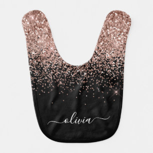 Rose Gold Blush Pink Glitter Script Monogram Girly Baby Bib