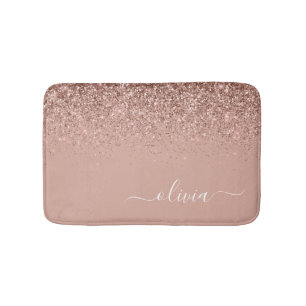 Rose Gold Blush Pink Glitter Script Monogram Girly Bath Mat