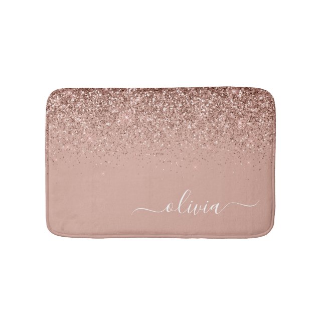 Rose Gold Blush Pink Glitter Script Monogram Girly Bath Mat (Front)