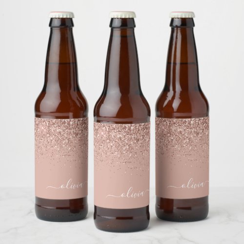 Rose Gold Blush Pink Glitter Script Monogram Girly Beer Bottle Label