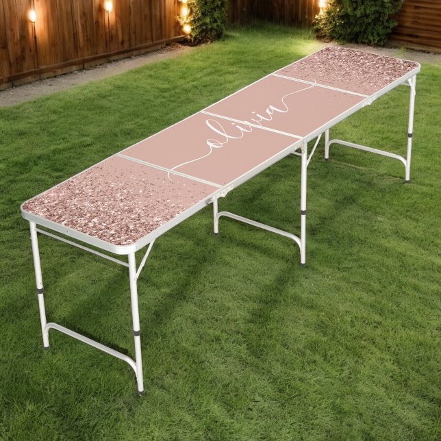 Rose Gold Blush Pink Glitter Script Monogram Girly Beer Pong Table (Creator Uploaded)