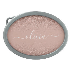 Rose Gold Blush Pink Glitter Script Monogram Girly Belt Buckle
