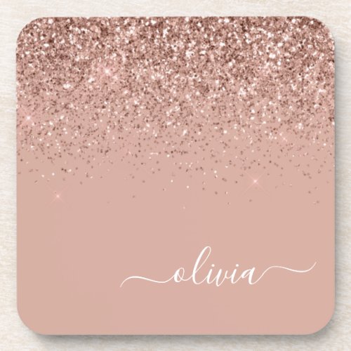 Rose Gold Blush Pink Glitter Script Monogram Girly Beverage Coaster