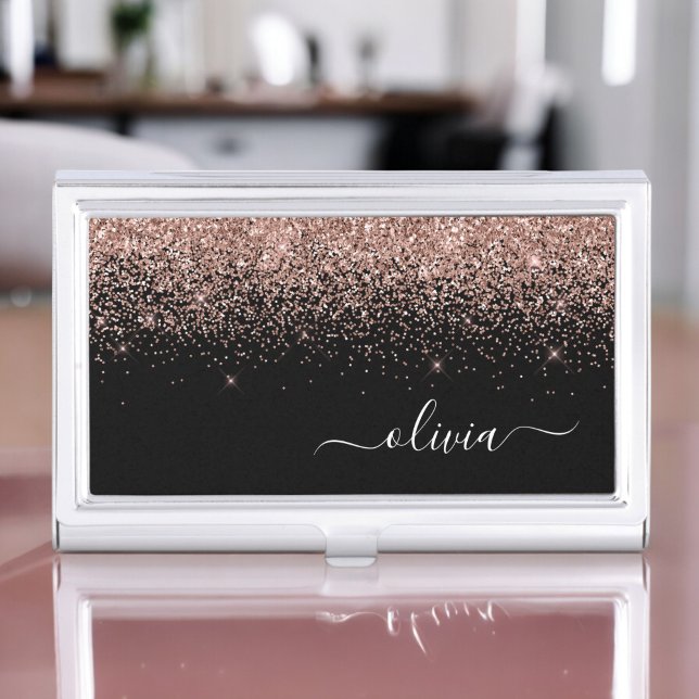 Rose Gold Blush Pink Glitter Script Monogram Girly Business Card Case (Creator Uploaded)