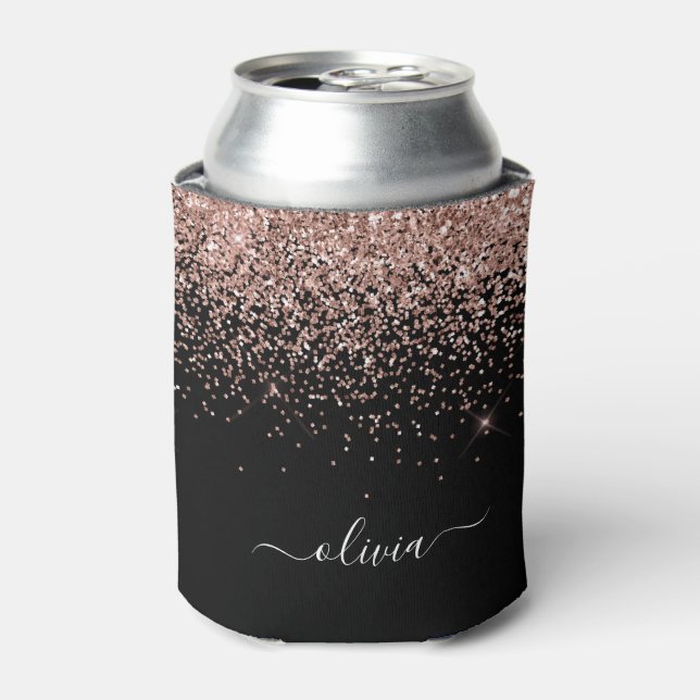 Rose Gold Blush Pink Glitter Script Monogram Girly Can Cooler (Can Front)