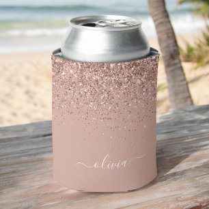 Rose Gold Blush Pink Glitter Script Monogram Girly Can Cooler