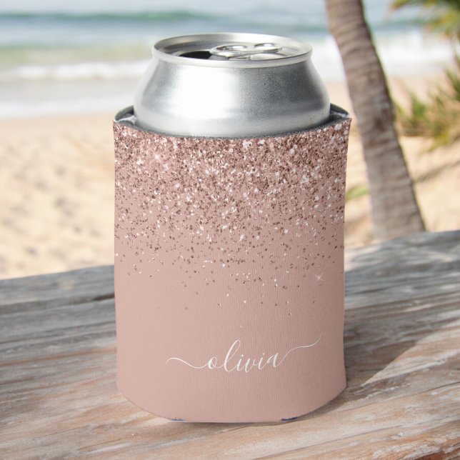 Rose Gold Blush Pink Glitter Script Monogram Girly Can Cooler (Creator Uploaded)