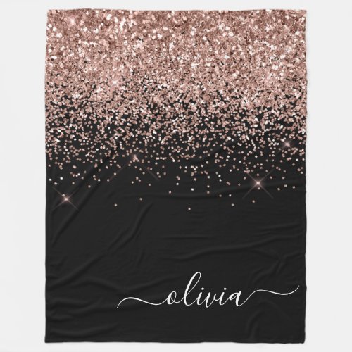 Rose Gold Blush Pink Glitter Script Monogram Girly Fleece Blanket