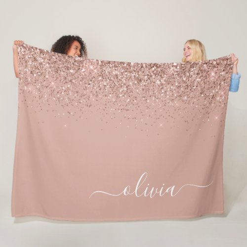 Rose Gold Blush Pink Glitter Script Monogram Girly Fleece Blanket