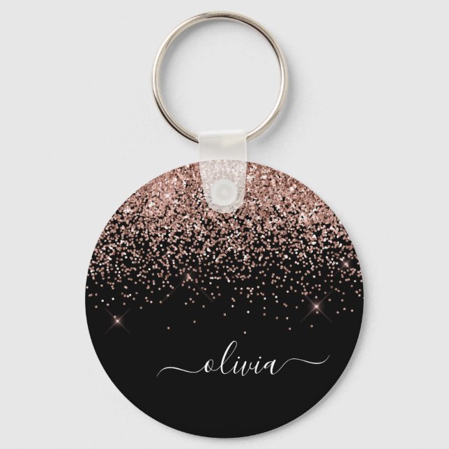 Rose Gold Blush Pink Glitter Script Monogram Girly Keychain (Front)