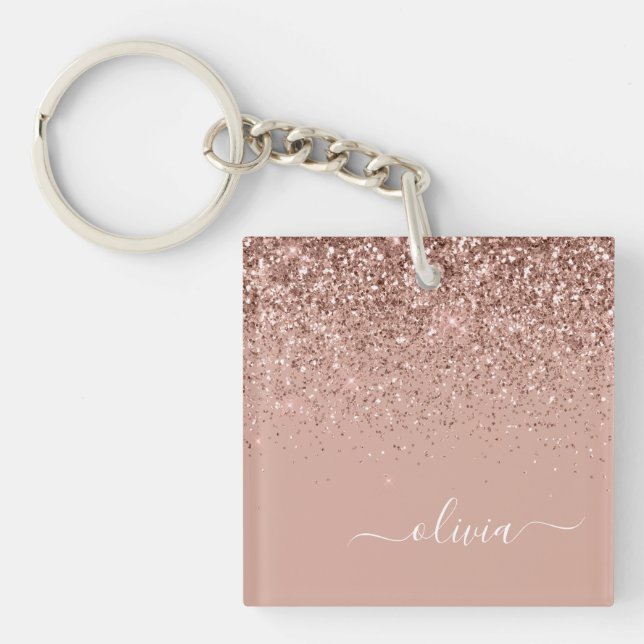 Rose Gold Blush Pink Glitter Script Monogram Girly Keychain (Front)