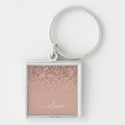 Rose Gold Blush Pink Glitter Script Monogram Girly Keychain