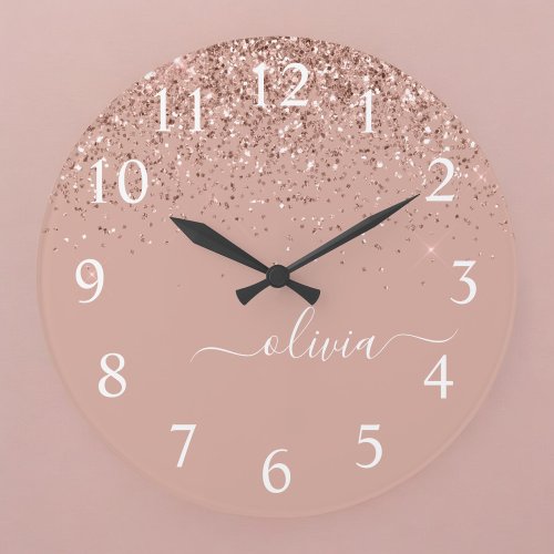 Rose Gold Blush Pink Glitter Script Monogram Girly Large Clock