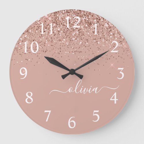 Rose Gold Blush Pink Glitter Script Monogram Girly Large Clock
