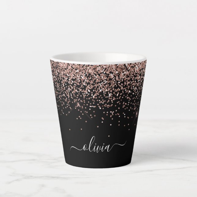 Rose Gold Blush Pink Glitter Script Monogram Girly Latte Mug (Front)