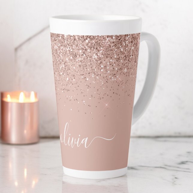 Rose Gold Blush Pink Glitter Script Monogram Girly Latte Mug (Creator Uploaded)