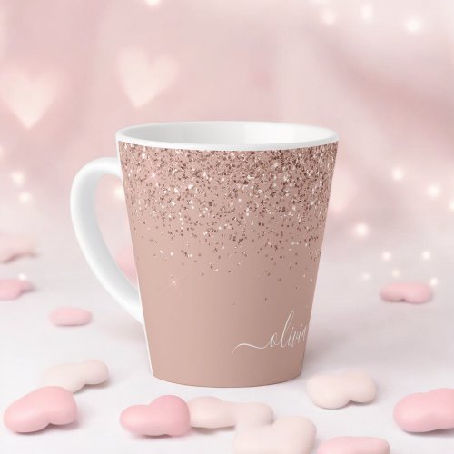 Rose Gold Blush Pink Glitter Script Monogram Girly Latte Mug