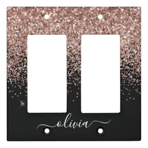 Rose Gold Blush Pink Glitter Script Monogram Girly Light Switch Cover