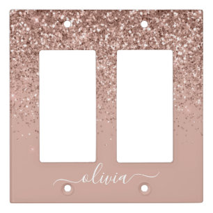Rose Gold Blush Pink Glitter Script Monogram Girly Light Switch Cover