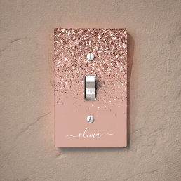 Rose Gold Blush Pink Glitter Script Monogram Girly Light Switch Cover