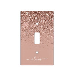 Rose Gold Blush Pink Glitter Script Monogram Girly Light Switch Cover