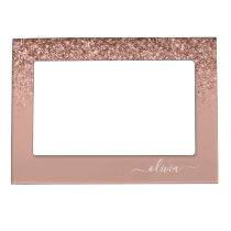 Rose Gold Blush Pink Glitter Script Monogram Girly Magnetic Frame