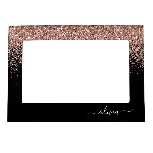 Rose Gold Blush Pink Glitter Script Monogram Girly Magnetic Frame (Front)