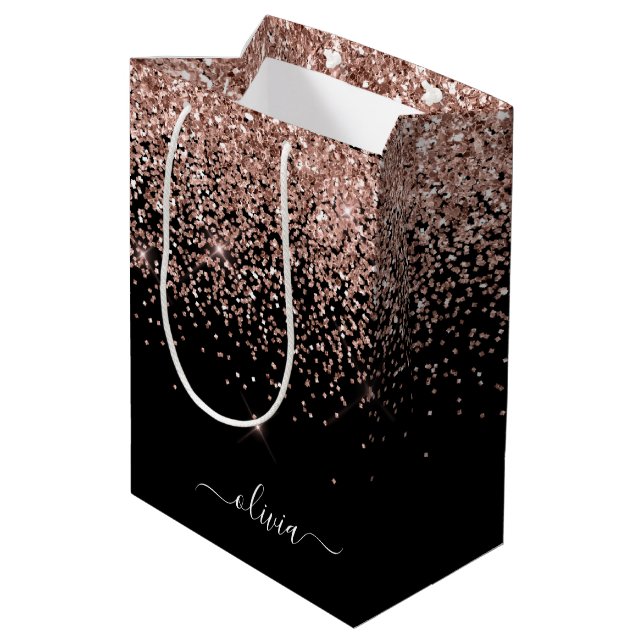 Rose Gold Blush Pink Glitter Script Monogram Girly Medium Gift Bag (Back Angled)