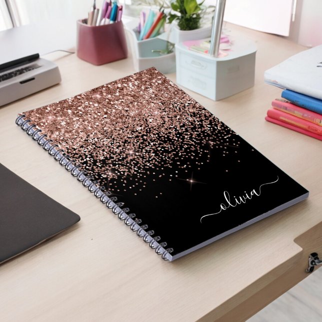 Rose Gold Blush Pink Glitter Script Monogram Girly Notebook (Creator Uploaded)