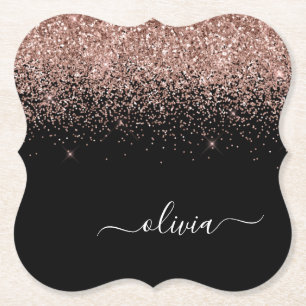 Rose Gold Blush Pink Glitter Script Monogram Girly Paper Coaster