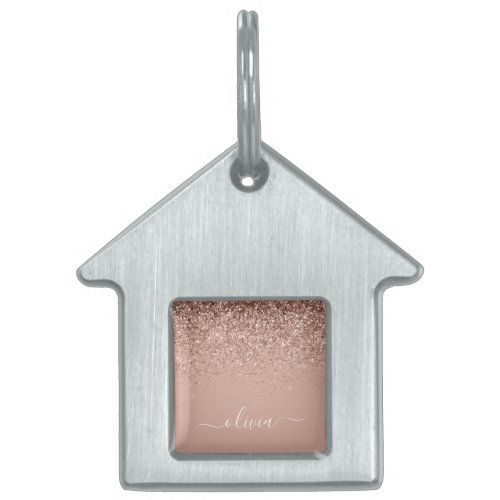 Rose Gold Blush Pink Glitter Script Monogram Girly Pet ID Tag