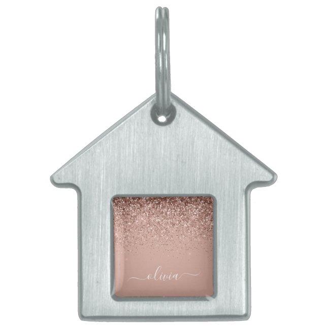 Rose Gold Blush Pink Glitter Script Monogram Girly Pet ID Tag (Front)