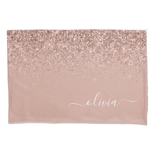 Rose Gold Blush Pink Glitter Script Monogram Girly Pillow Case
