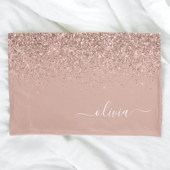 Rose Gold Blush Pink Glitter Script Monogram Girly Pillow Case (Creator Uploaded)