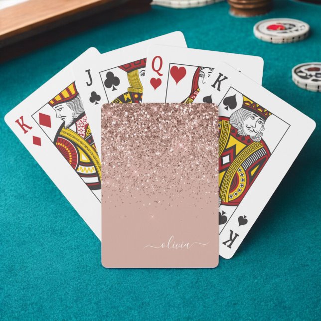 Rose Gold Blush Pink Glitter Script Monogram Girly Poker Cards (Creator Uploaded)