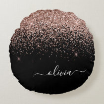 Rose Gold Blush Pink Glitter Script Monogram Girly Round Pillow