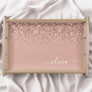 Rose Gold Blush Pink Glitter Script Monogram Girly Serving Tray