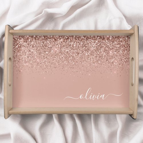 Rose Gold Blush Pink Glitter Script Monogram Girly Serving Tray