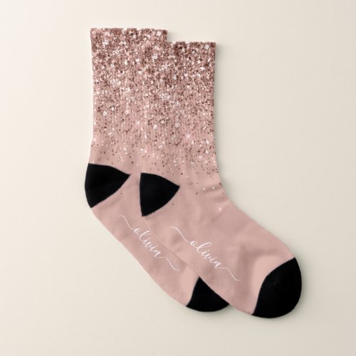 Rose Gold Blush Pink Glitter Script Monogram Girly Socks