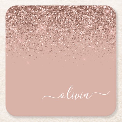 Rose Gold Blush Pink Glitter Script Monogram Girly Square Paper Coaster
