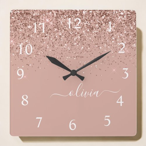 Rose Gold Blush Pink Glitter Script Monogram Girly Square Wall Clock