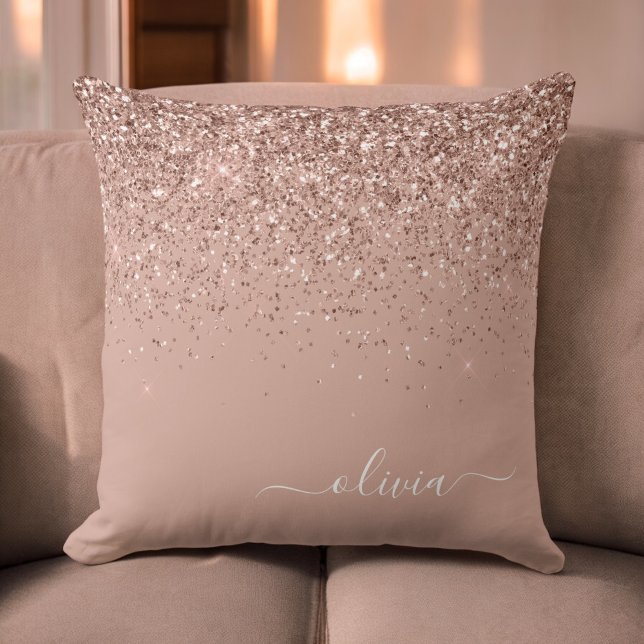 Rose Gold Blush Pink Glitter Script Monogram Girly Throw Pillow (Creator Uploaded)