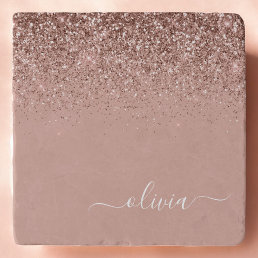 Rose Gold Blush Pink Glitter Script Monogram Girly Trivet