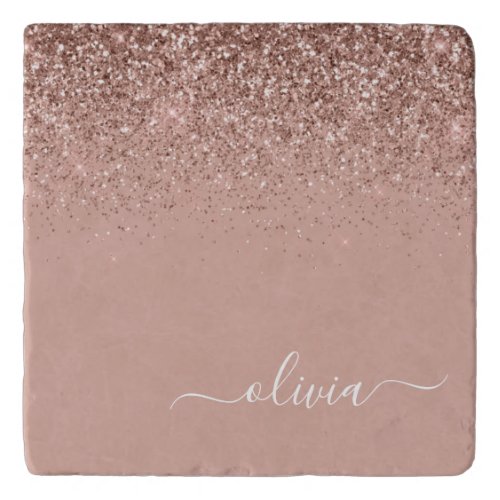 Rose Gold Blush Pink Glitter Script Monogram Girly Trivet