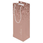 Rose Gold Blush Pink Glitter Script Monogram Girly Wine Gift Bag (Back Angled)