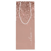 Rose Gold Blush Pink Glitter Script Monogram Girly Wine Gift Bag (Back)