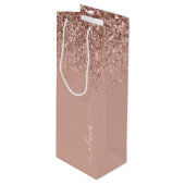 Rose Gold Blush Pink Glitter Script Monogram Girly Wine Gift Bag (Front Angled)