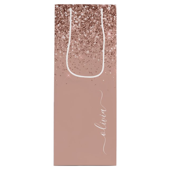Rose Gold Blush Pink Glitter Script Monogram Girly Wine Gift Bag (Front)